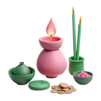 3D Render of a Candle, Incense Sticks, and Other Decorative Elements png
