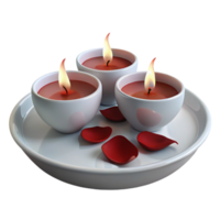 Three Burning Candles with Red Rose Petals on a White Plate png