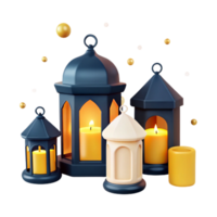 3D Rendered Lanterns with Candles and Floating Globes png