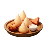 3D Render of a Tray with Conical Food, Round Objects, and a Candle png