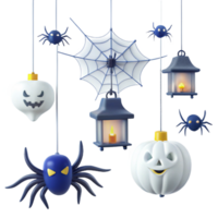 Spooky Halloween Decorations with Hanging Lanterns, Spiders, and Ghosts png
