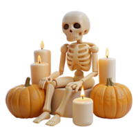 Skeleton Sitting with Pumpkins and Candles png