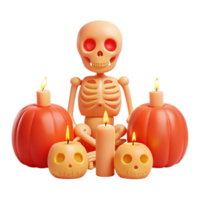 Skeleton Sitting with Pumpkins and Candles for Halloween png