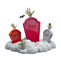 Spooky 3D Gravestone Illustration with Hands Reaching Out of the Ground png