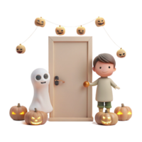 3D Cartoon Illustration of a Ghost and a Boy Trick-or-Treating on Halloween png