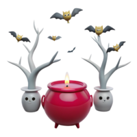 Spooky Halloween Scene with Bats, Trees, and a Cauldron png