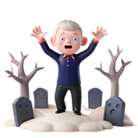 Scared Cartoon Man in Graveyard with Tombstones and Bare Trees png