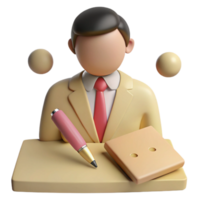 3D Cartoon Illustration of a Businessman at a Desk with a Pen and a Notepad png
