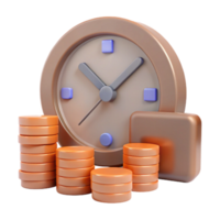 Time is Money Clock and Coin Stacks 3D Render png