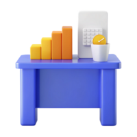 3D Render of a Desk with a Bar Graph, a Calendar, and a Clock png