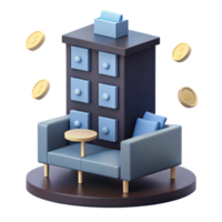 3D Render of a Small Apartment with a Couch, Table, and Drawer Cabinet png