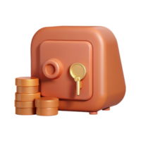 3D Rendered Safe with Gold Key and Stacked Coins png