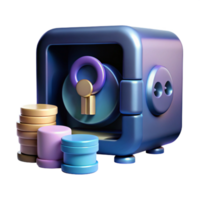3D Render of a Blue Safe with Coins and a Keyhole png