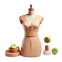 3D Rendered Dress Form with Buttons and Spools of Thread png