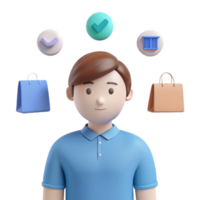 3d desenho animado personagem com compras saco e marca de verificação ícones png