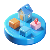 3D Render of a House with Location Pin and Geometric Shapes png