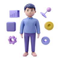 3D Character with Icons Business, Data, Settings, and More png