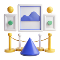 3D Rendered Scene of a Gallery with a Cone, Rope, and Frames png