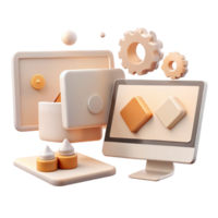 3D Rendered Abstract Desktop Illustration with Gears and Geometric Shapes png