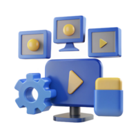 3D Rendering Computer Monitor with Play Button, Gear, and Other Icons png