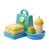 Colorful 3D Rendered Lunchbox Set with Container, Cup, and Bottle png