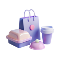 3D Render of a Shopping Bag, Food Container, and Coffee Cup png