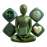 Green 3D Rendering of a Person in a Meditation Pose Surrounded by Symbols png
