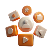 Orange and White 3D Icons with User, Play, and Settings Symbols png