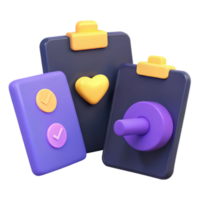 3D Rendered Clipboard Icons with Checkmarks and Heart png
