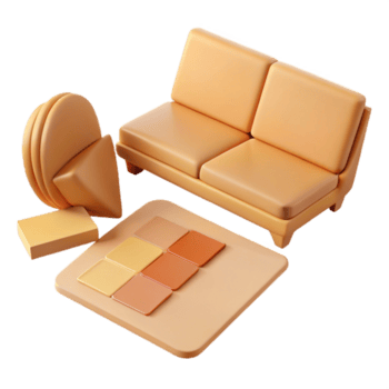 3d rendido vivo quarto mobília conjunto com sofá, café mesa e geométrico formas png