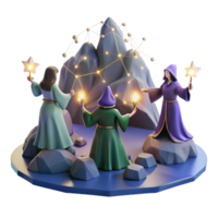 Three Wizards Gathering Around a Mountain with Constellation png
