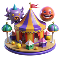 3D Cartoon Circus Tent with Smiling Monster and Colorful Decorations png