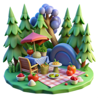 3D Rendered Picnic Scene with Checkered Blanket, Trees, and Food png