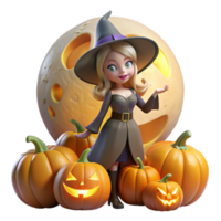 Cute Witch with Pumpkins and a Smiling Moon for Halloween png