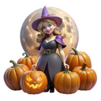 Smiling Witch with Pumpkins and a Full Moon png