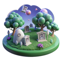3D Render of a Miniature Graveyard with Trees, Grass, and Headstones png