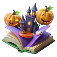 Spooky Halloween Castle and Pumpkins Emerging from Open Book png