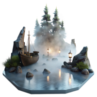 Foggy Forest Scene with Boat, Rocks, and Lanterns png