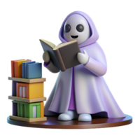 3D Render of a Ghostly Figure Reading a Book Near a Bookshelf png