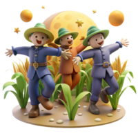 Three Cheerful Scarecrow Characters Dancing Under a Full Moon png
