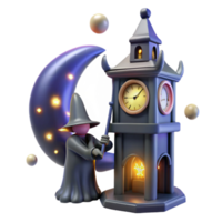 3D Render Witch and Clock Tower Under a Crescent Moon png