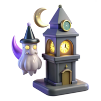 3D Render of a Ghost Flying by a Clock Tower png