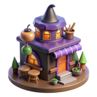3D Render of a Purple and Brown Witchss Cottage with a Pointed Roof and Windows png
