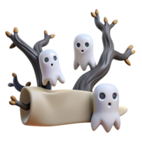 Cute 3D Cartoon Ghosts on Spooky Tree Branches png