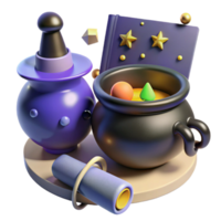 3D Rendered Witchss Cauldron with Potion and Book png