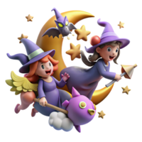 Cute Witches Flying on a Crescent Moon with Stars png