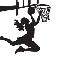 A silhouette of a woman dunking a basketball vector
