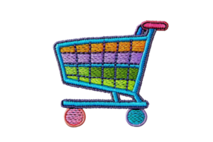 Colorful embroidered shopping cart patch icon on transparent background, a creative design element for retail and commerce projects. png
