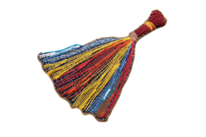 Colorful handmade broom with intricate patterns, crafted with multi-colored threads. Unique traditional decor or functional cleaning tool. png
