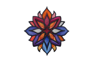 Colorful geometric flower design with intricate petal patterns and vibrant shades of red, blue, and orange, isolated on a transparent background. png